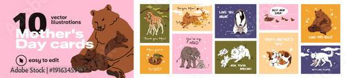 International Mothers Day greeting cards set. Designs of postcards for moms with cute animals with babies. Festive templates, gifts for mama for holidays or birthday. Flat vector illustrations