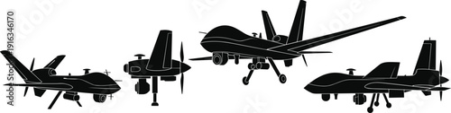 Military drone silhouettes collection with unmanned aerial vehicles isolated on white background defense technology vector illustration set