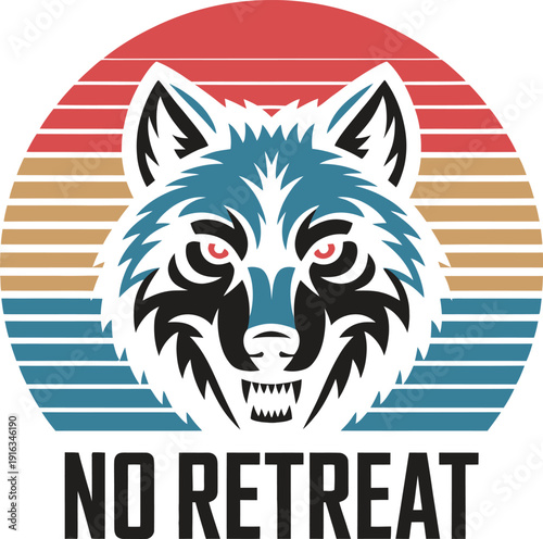 A graphic illustration of a wolf's face with the words No Retreat