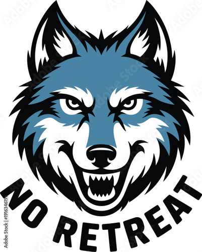 A blue wolf head with sharp teeth and the words 'No Retreat' below it
