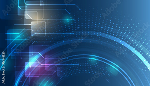 Modern futuristic technology background with glowing circuit lines, digital panels, and flowing light arcs on a blue gradient, representing innovation, data networks, and smart connectivity.
