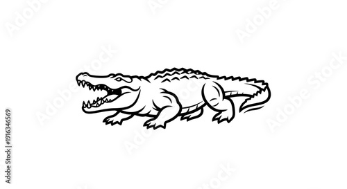 Aggressive Alligator or Crocodile Biting with Open Mouth and Sharp Teeth, Black and White Line Art