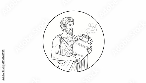 Ancient Greek man holding a steaming amphora, line art illustration
