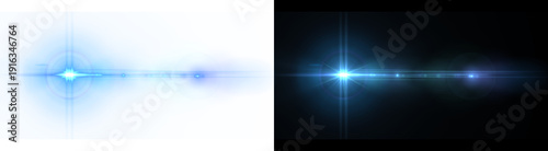 PNG image of Bright intense blue lens flare effect with horizontal light streaks emanating outwards on transparent background