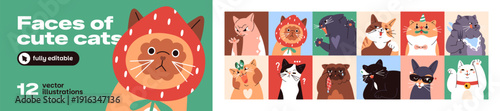 Collage of cute cats portraits. Set of funny kitties avatars. Comic faces on kittens with different emotions. Happy, sad, crying and angry pets. Thinking and shocked animals. Flat vector illustrations