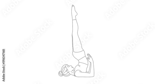 Woman performing Sarvangasana yoga pose, supported shoulder stand, healthy lifestyle illustration
