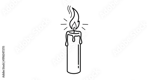 Simple Line Art Illustration of a Burning Candle with Dripping Wax and Glowing Flame