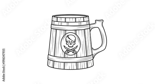 Pirate Wooden Mug with Skull and Crossbones Emblem - Vector Illustration