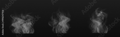 Realistic White Smoke Collection Isolated on Transparent Background, Fog and Steam Overlay Effect Vector Set