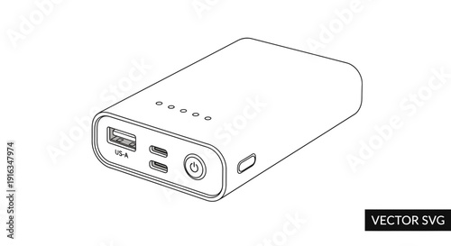 Portable Power Bank Line Art Icon: USB, USB-C, and Power Button