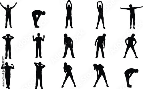 People stretching and warming up silhouettes isolated on white background fitness exercise vector illustration collection set