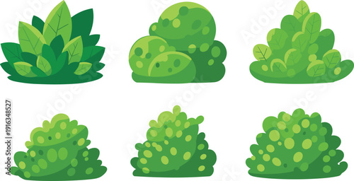 Green cartoon bush collection set, decorative garden shrub elements, isolated leafy plants for landscape design, flat vector illustration pack