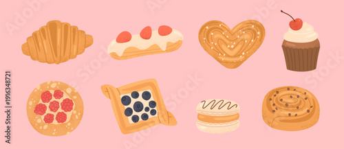 Cute hand-drawn desserts. Sweet pastry collection. Croissant, buns, cupcake, eclair, macaroon icon set in cartoon style. Illustrations for cafe, coffeeshop menu on pink background. Flat vector design 