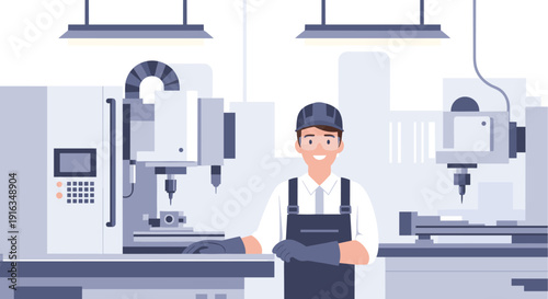 Smiling factory worker in modern industrial setting with machinery