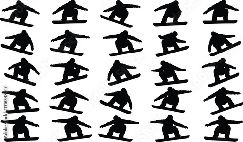 Snowboarder silhouette set showing dynamic winter sports action poses for extreme sports design snowboarding illustration vector collection isolated
