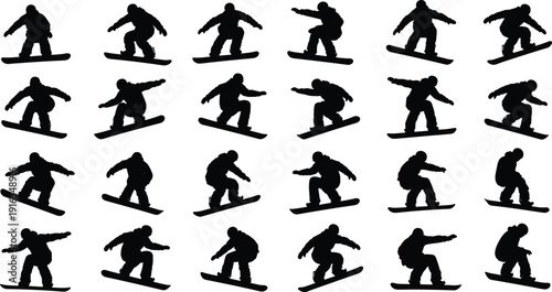 Snowboarder silhouettes collection performing jumps and tricks isolated on white background winter sport action vector illustration set