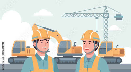 Construction workers in safety gear with heavy machinery in the background