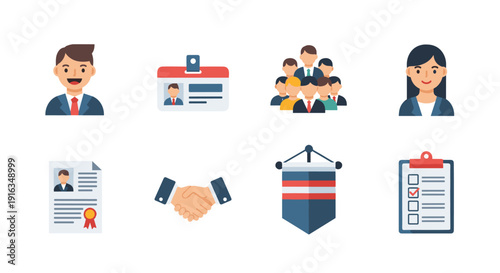 Business icons collection featuring flat style designs and office elements