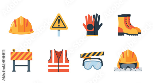 Construction safety equipment icons set with hard hat, gloves, boots, and vest