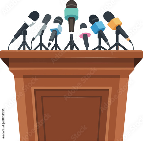Press Conference Podium Vector – Wooden Tribune with Microphones