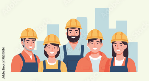 Smiling construction workers in urban background in flat style