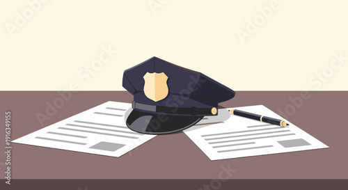 Police cap and documents on desk with pen in clean and simple style