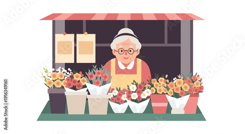 Elderly woman at colorful flower stand in flat design market scene
