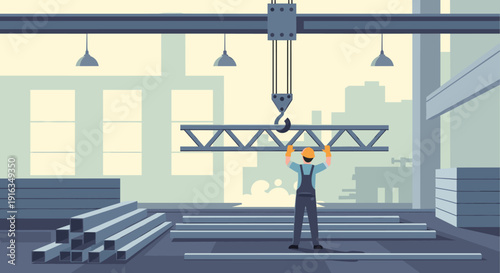 Construction worker operating crane in industrial warehouse setting with steel beams