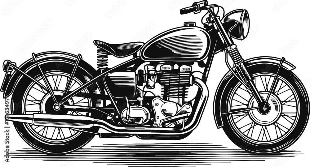 Fototapeta premium Vintage classic motorcycle illustration in black and white with detailed engine and wheels