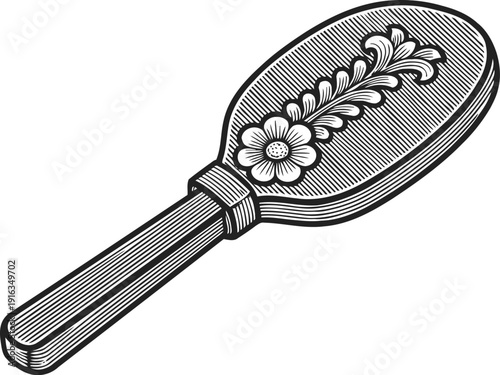 Vintage wooden hairbrush with floral carving ornament, classic grooming accessory illustration