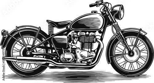 Vintage classic motorcycle illustration in black and white with detailed engine and wheels