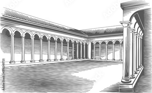 Ancient courtyard with classical columns and colonnade structure in black and white illustration