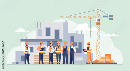 Construction team discussion at building site with crane in background