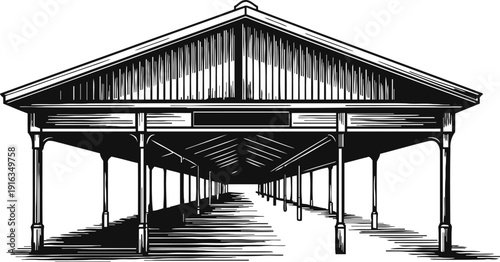 Classic wooden pavilion structure with open sides and pitched roof, vintage architectural design illustration