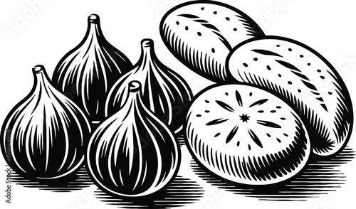 Black and white illustration of fresh whole figs and sliced kiwifruits with detailed texture and shading