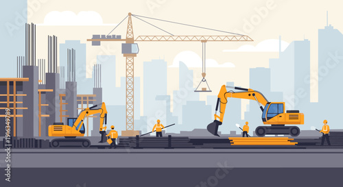Urban construction site with cranes and heavy machinery in flat design
