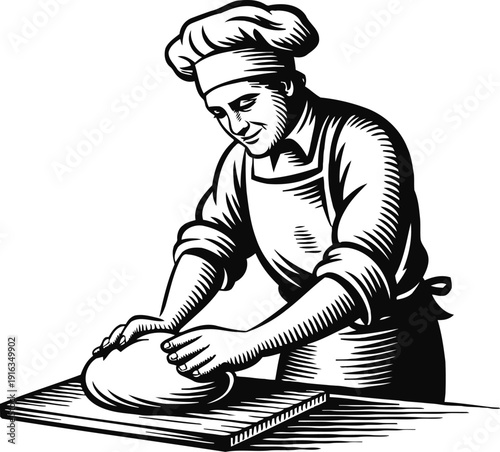 baker kneading dough on a wooden board with focused expression in traditional chef attire