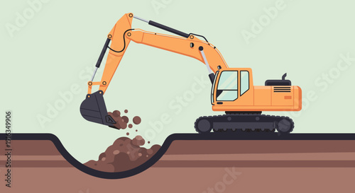 Flat style excavator digging earth in action on construction site