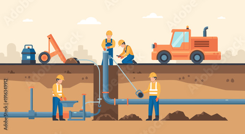 Construction workers installing underground pipes with heavy machinery in flat design