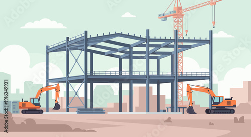 Modern construction scene with building frame and cranes in urban setting