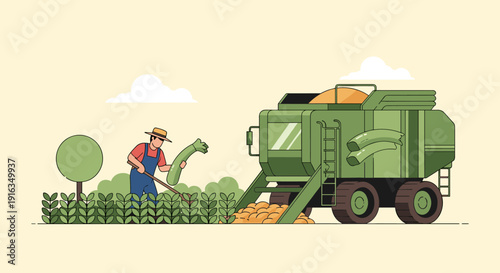 Modern farming scene with cartoon farmer and agricultural machinery in a pastel landscape