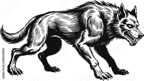angry wolf snarling aggressive wild animal monochrome ink drawing