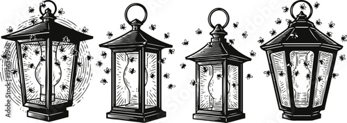 Vintage lanterns with glowing light surrounded by fireflies nighttime garden illumination and classic decorative lamps
