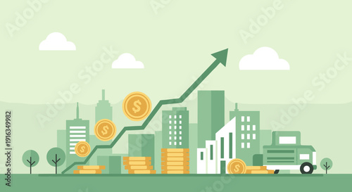 Economic growth concept with rising graph and currency in modern cityscape
