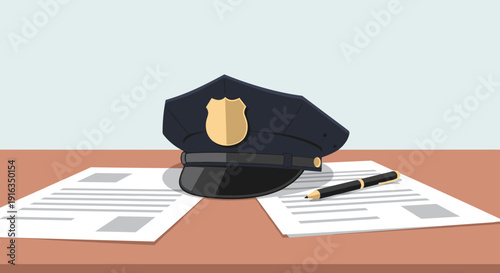 Police hat and documents on desk with pen