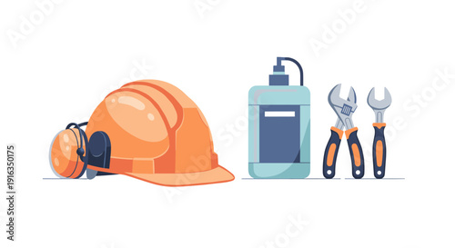 Industrial safety equipment with helmet, tools, and sanitizer in flat design