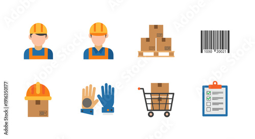 Warehouse and delivery essentials with flat style cartons, helmets, gloves, and barcode