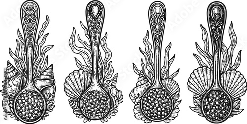 Vintage spoons with fish roe, shells and seaweed hand drawn seafood ingredients set with detailed natural elements