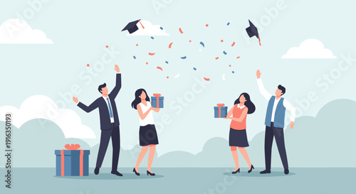 Celebrating graduation: group of friends tossing caps and exchanging gifts