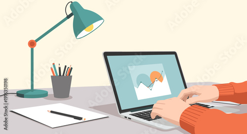 Modern workspace with laptop and lamp featuring data analysis on screen